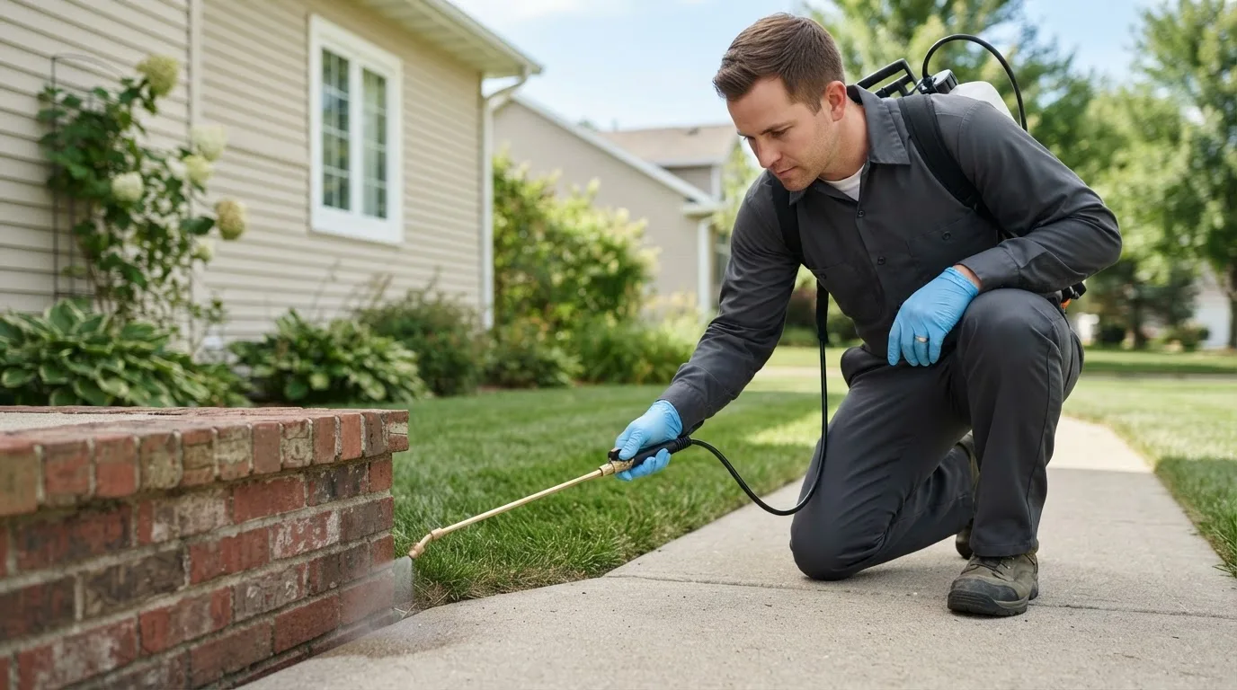 Pest control technician treating a home near New Johnsonville, TN